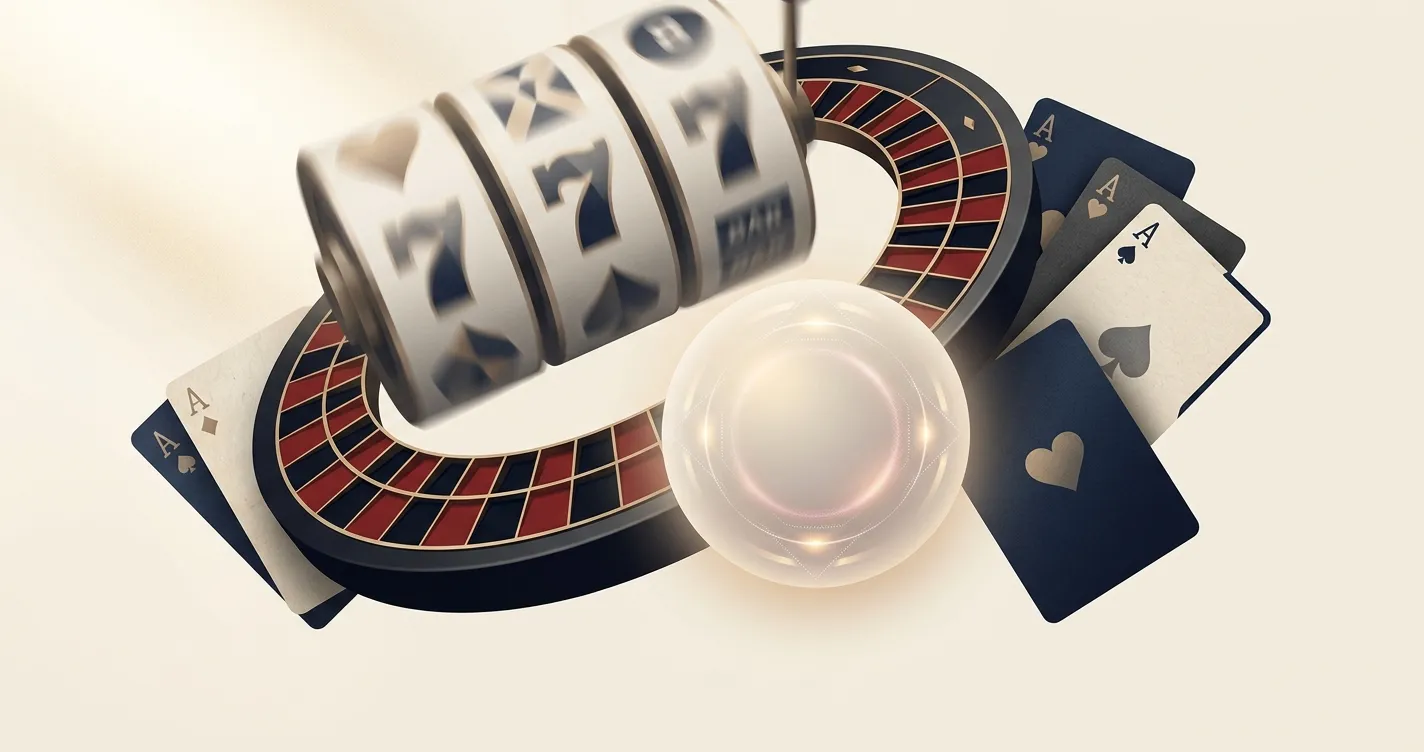 Editorial casino games collage with slots, roulette, blackjack and jackpot symbols