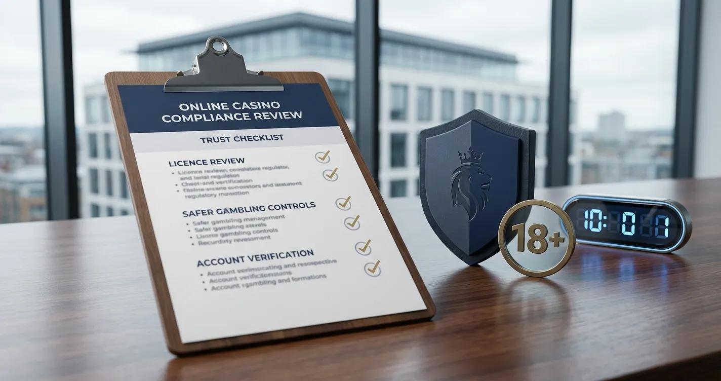 Checklist with licence, age-check and safer gambling symbols