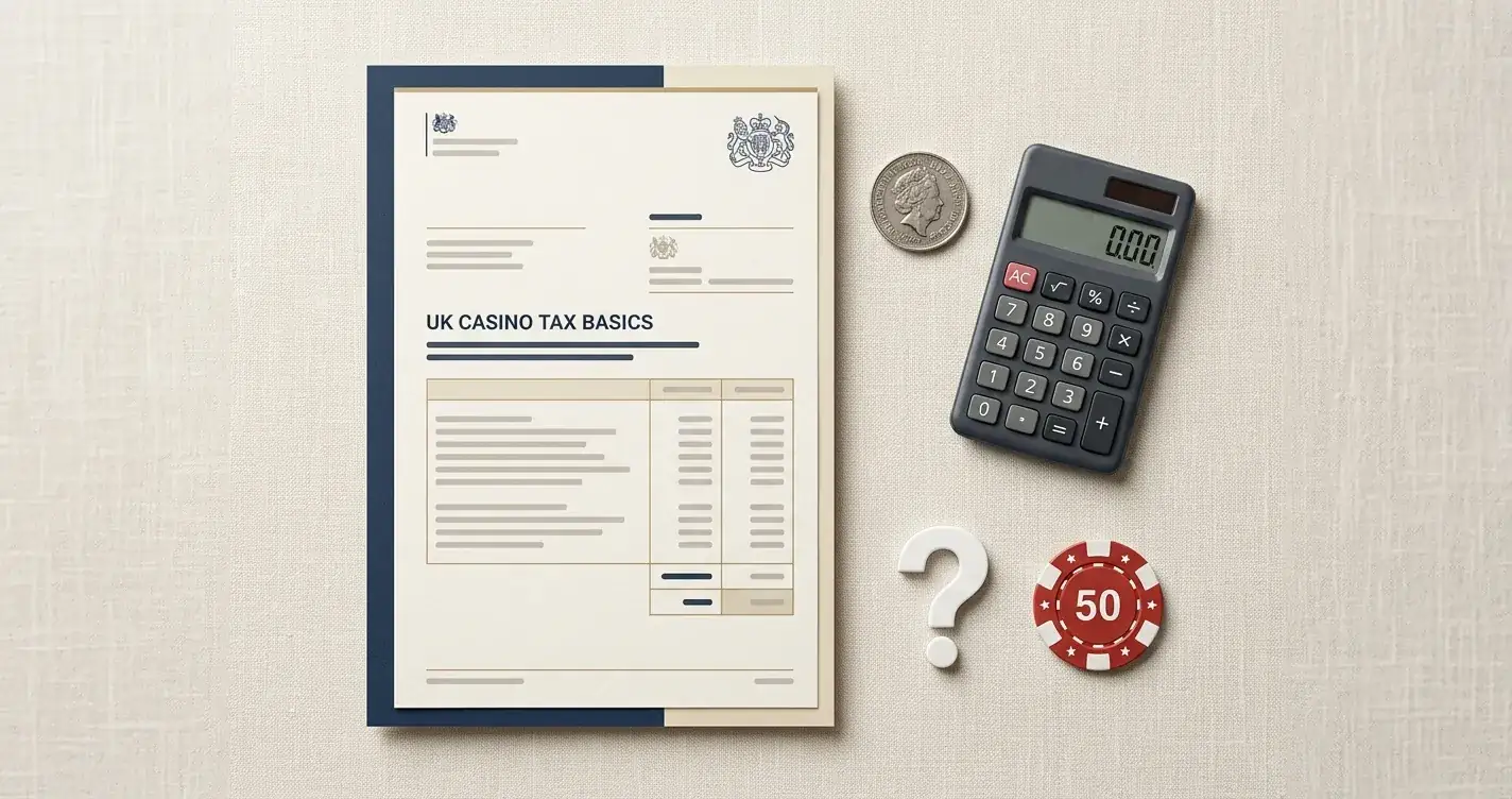 Zodiac Casino winnings and UK tax basics: HMRC document, GBP coin, calculator and casino-chip icons